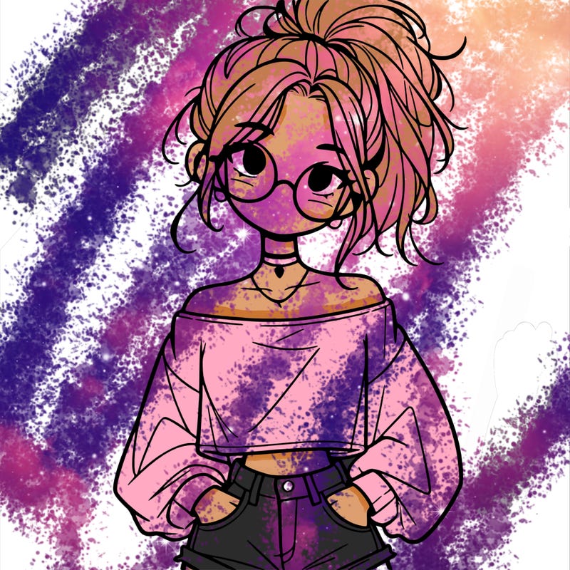 girl with a messy ponytail glasses a baggy crop top and jean shorts