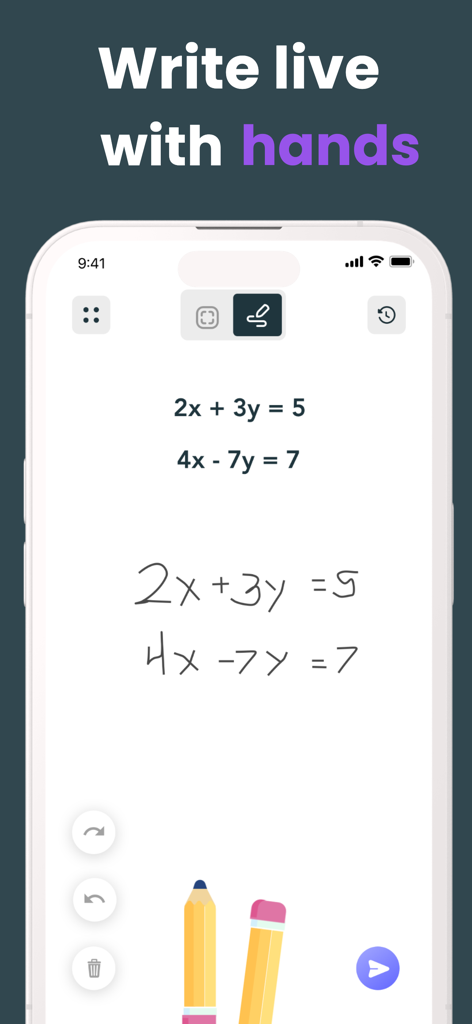 Picture Math app interface showing handwriting recognition for solving algebra equations