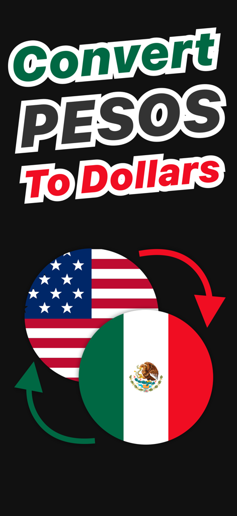 Pesos to Dollars - Conversion - Promotional graphic for currency converter app showing the US and Mexican flags with the text Convert Pesos To Dollars