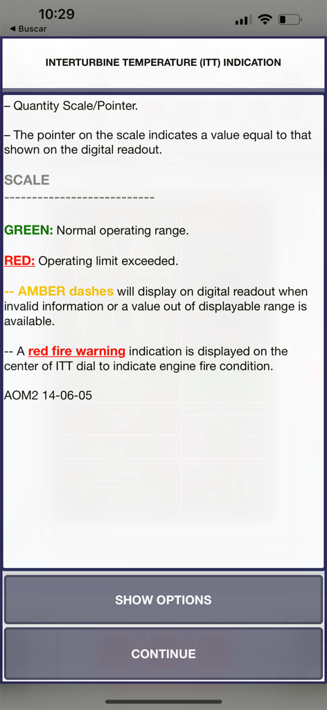 E-JETS Virtual Panel - Technical detail screen showing Interturbine Temperature ITT indication and scale explanations for Embraer E-Jets pilot training