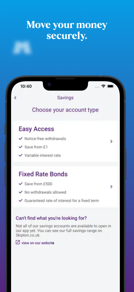 Screenshot of the Skipton Building Society app showing different savings account options including Easy Access and Fixed Rate Bonds.