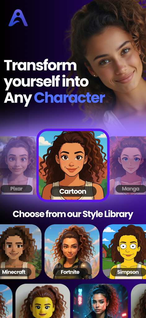 AI Avatar Generator & Animator - A library of AI generated character styles showing a woman transformed into cartoon and manga versions
