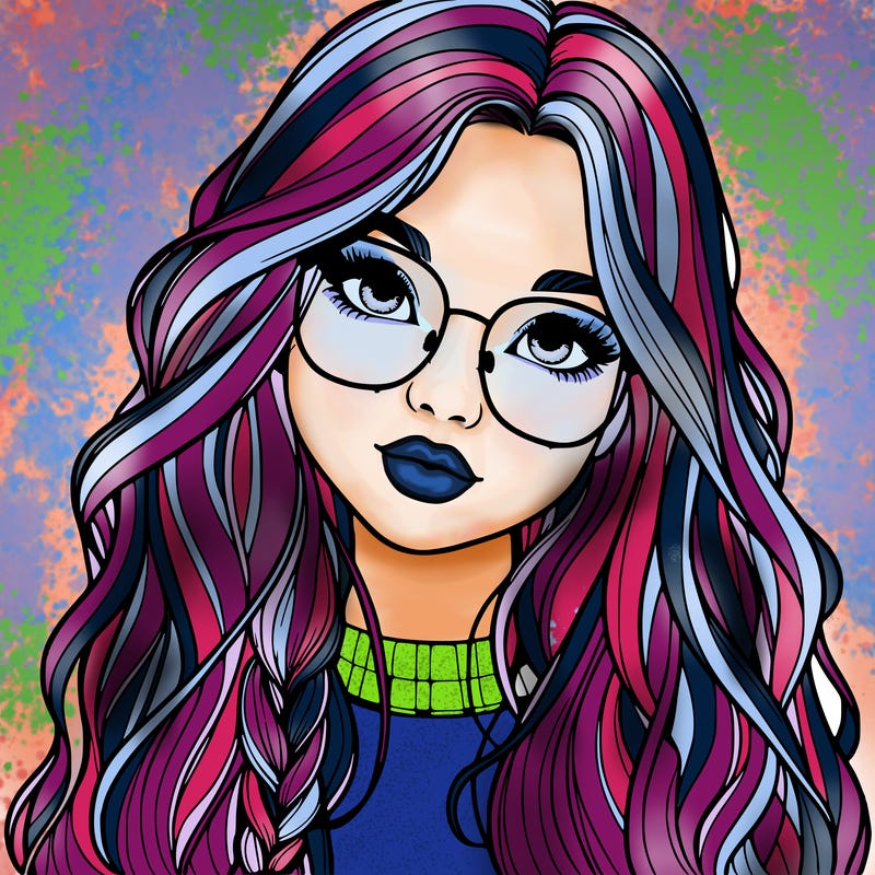 girl with long hair and freckles and glasses realistic