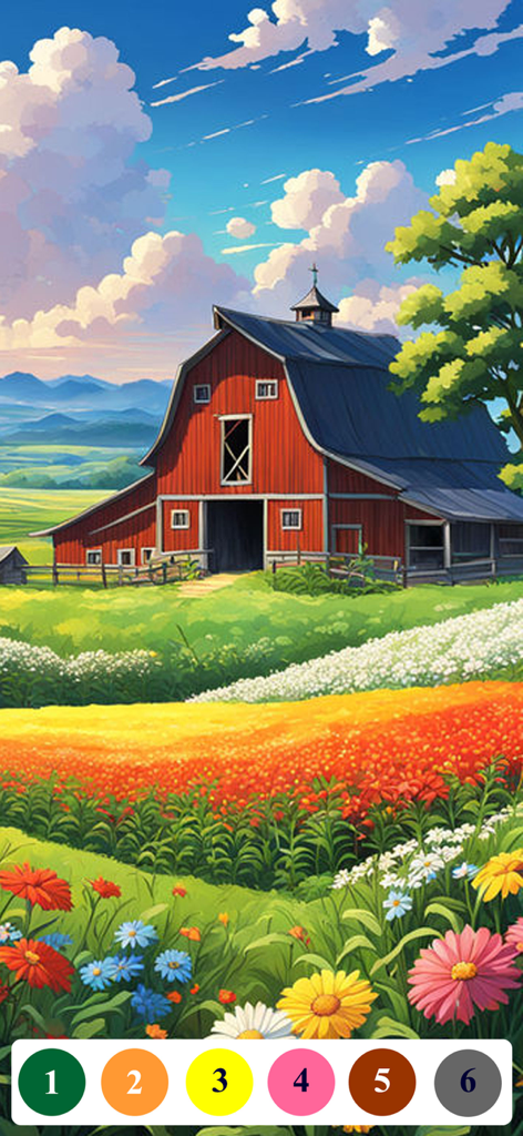 Senior Color - Paint By Number - Digital paint by number app interface showing a red barn landscape with large numbered color buttons for seniors