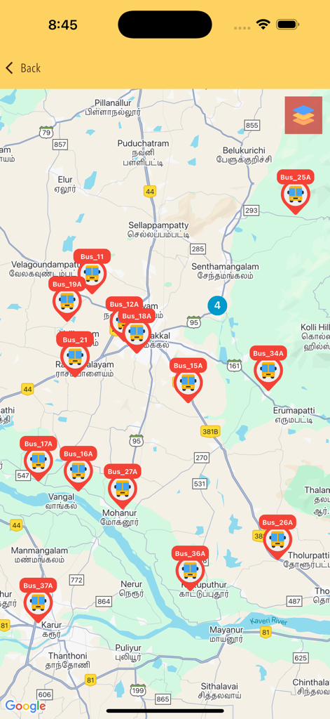 Navic By Nirals - Real-time map display tracking multiple school bus locations with individual bus IDs.