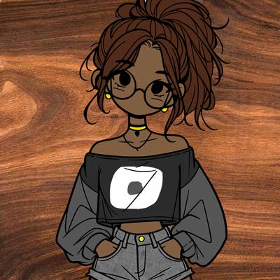 girl with a messy ponytail glasses a baggy crop top and jean shorts