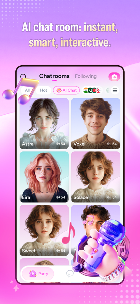 Baat Live - Baat Live app interface showing various AI chat room options with character profiles and participant counts