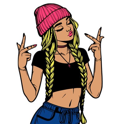 realistic teenage girl with braids and a beanie and crop top doing 🫶🏼