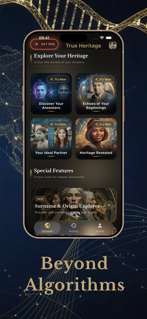 True Heritage & Ancestry DNA - True Heritageアプリのメイン画面、さまざまなAI搭載の祖先発見機能が表示されています