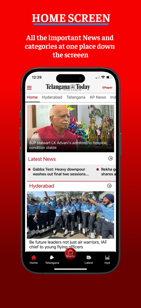 Telangana Today - Telangana Today mobile app home screen displaying local Hyderabad news and latest headlines