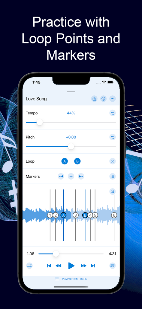 Interfaz de la aplicación Music Speed Changer mostrando una forma de onda de audio con puntos de bucle A/B y marcadores numerados para la práctica musical