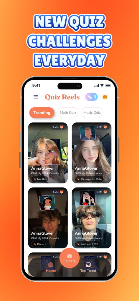 Quiz Reels: Filter Challenge - トレンドのクイズフィルターチャレンジとユーザー生成動画を表示するQuiz Reelsアプリのホーム画面