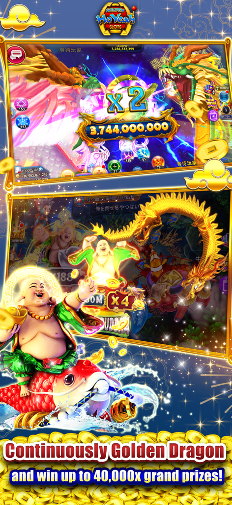 Captura de pantalla de la jugabilidad de GoldenHoYeah Slots con temas de un dragón dorado y un Buda sonriente con un gran jackpot de monedas.