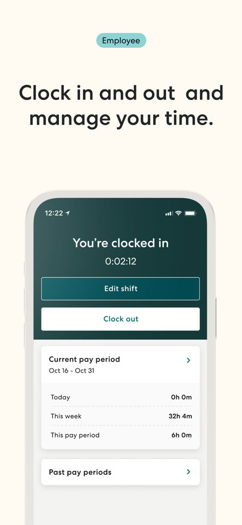 Gusto Mobile - Gusto Mobile app employee interface showing time tracking and clock in status