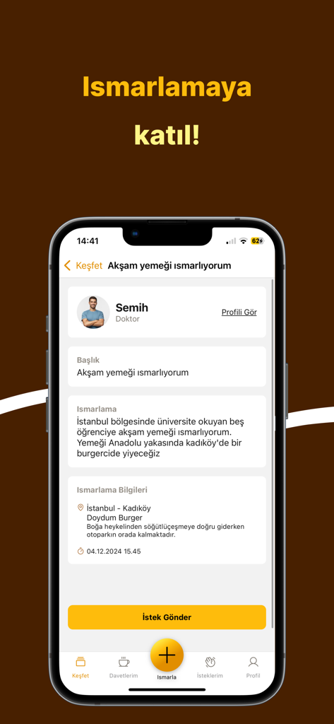 Mobile app screen showing a user offering to treat university students to dinner.