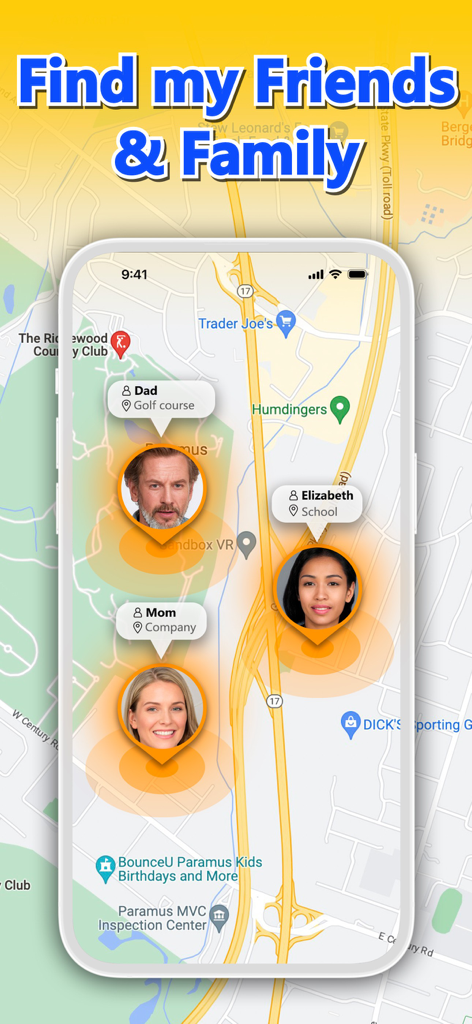 A smartphone screen displaying the Find my Friends app with real-time locations of family members on a GPS map.