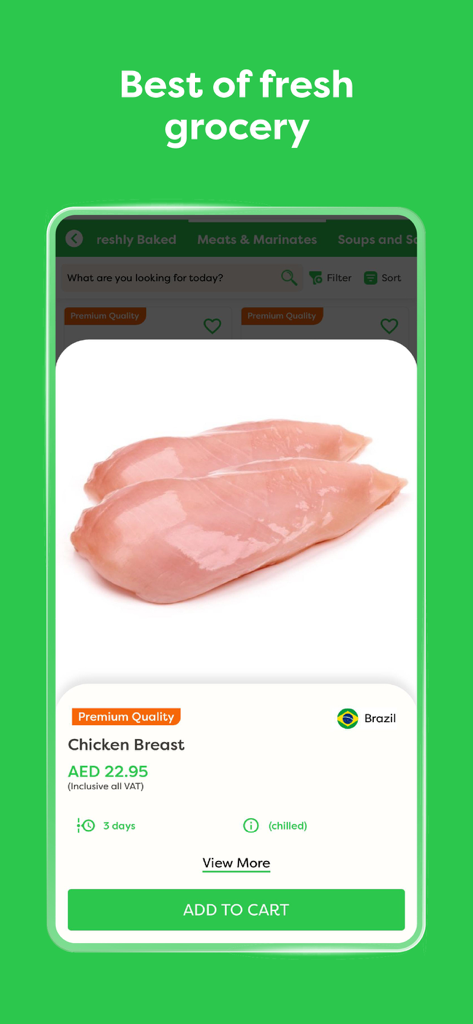 Barakat: Grocery Home Delivery - Página de producto de pechuga de pollo premium en la aplicación móvil de entrega a domicilio de comestibles Barakat