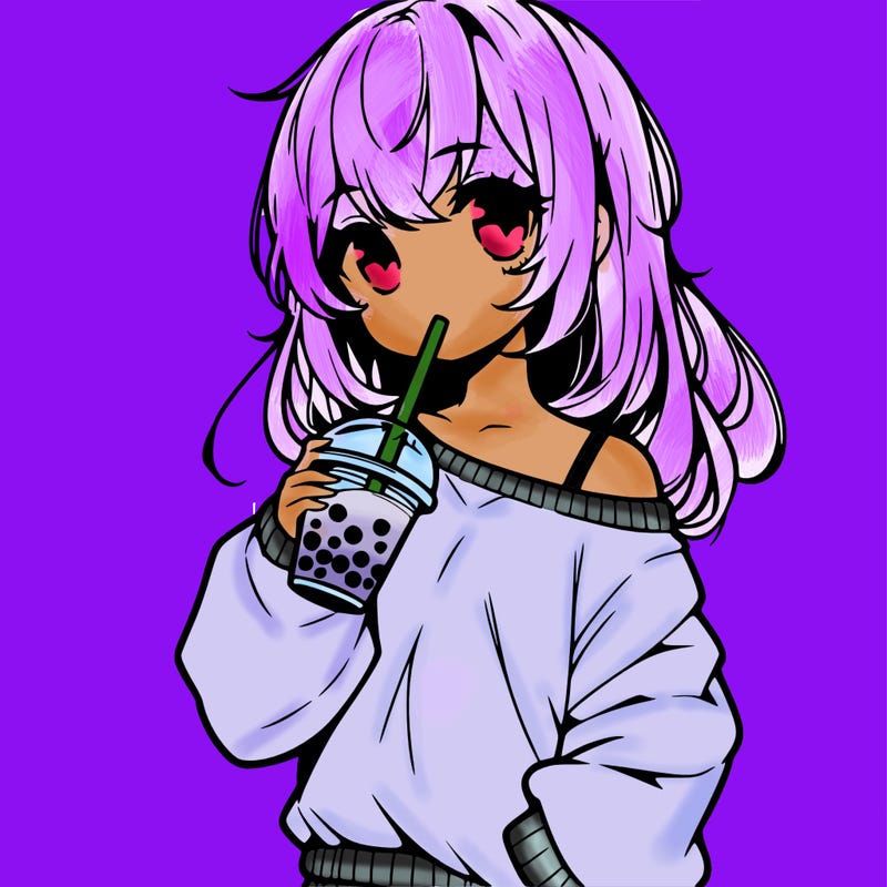 simple manga girl drinking boba tea with sweater one strap off shoulder cute