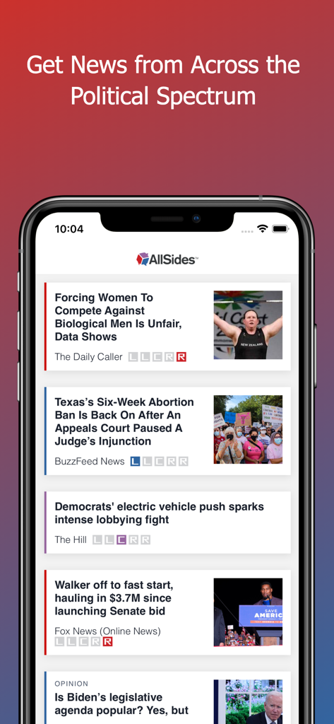AllSides - Balanced News - AllSides mobile app news feed showing headlines with political bias ratings across the spectrum.