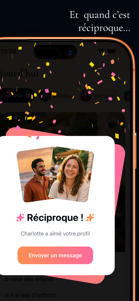 Pour de Vrai - Mutual match notification on the Pour de Vrai dating app screen