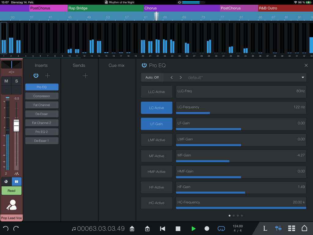 Studio Pro Remote app interface showing Pro EQ plugin settings and mixing console on an iPad