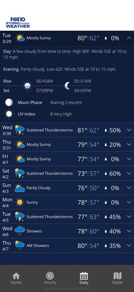 FOX10 Weather Mobile Alabama - Daily weather forecast screen in the FOX10 Weather Mobile Alabama app displaying weekly temperatures and local weather conditions