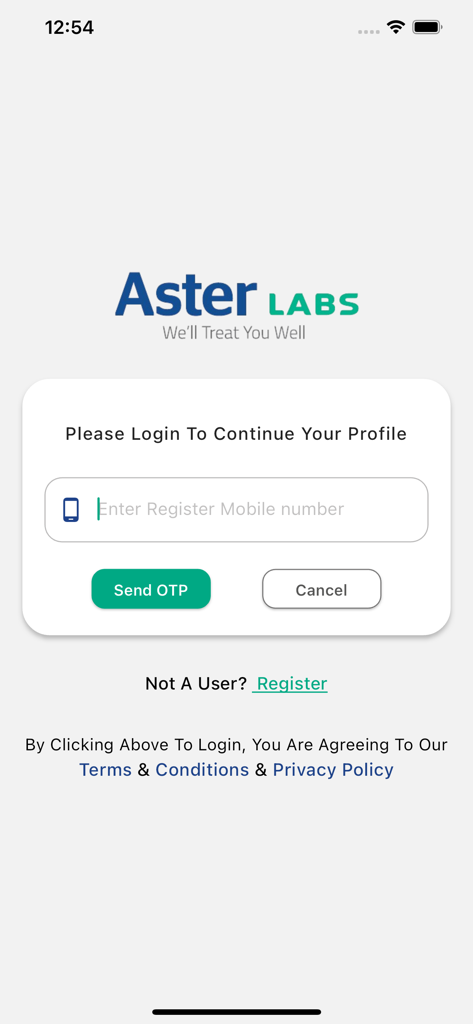 Aster Labs app login screen asking for a mobile number to continue