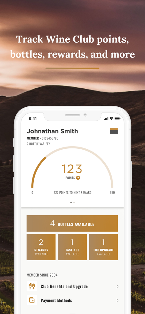A mobile app screen for Cooper’s Hawk showing a Wine Club member dashboard with points, available wine bottles, and rewards.