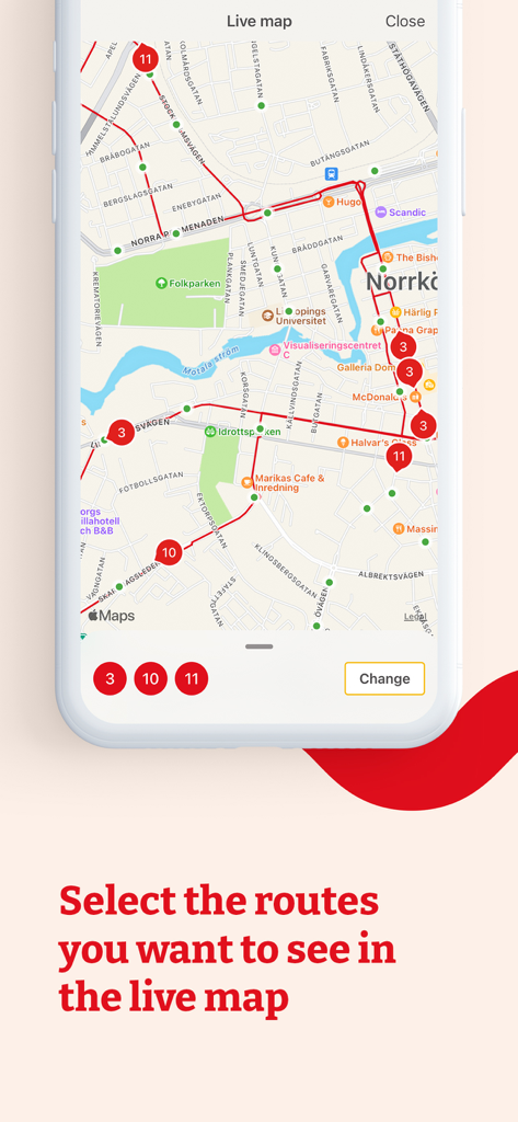 Östgötatrafiken - Pantalla de smartphone que muestra la función de mapa en vivo de la aplicación Östgötatrafiken con rutas de autobús rojas y los números de línea 3, 10 y 11 en Norrköping.