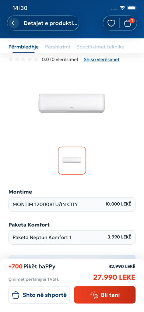 Neptun Albania - Neptun Albania app product page for an air conditioner showing discounted price and purchase options