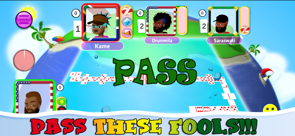 Gameplay screenshot of Caribbean Dominoes Jamaican showing a multiplayer match with the word PASS prominently displayed and custom player avatars on a tropical island background.