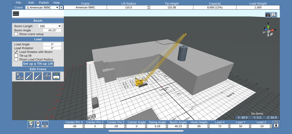 A1A Product Suite - A 3D crane lift planning interface showing a crane and building layout with engineering data