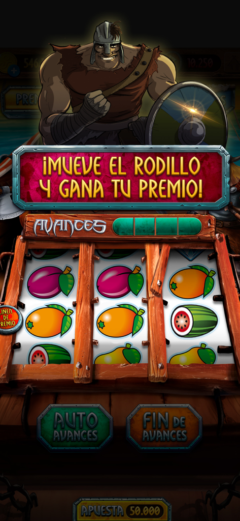 Viking themed slot machine interface with fruit symbols and Spanish instructions