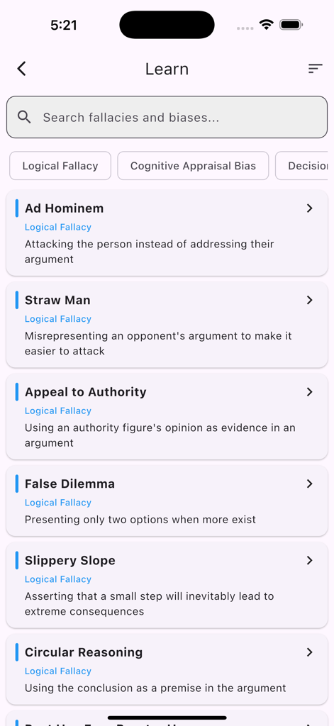 A mobile app screen showing a searchable list of logical fallacies and their definitions within the Cognitive Clarity app.