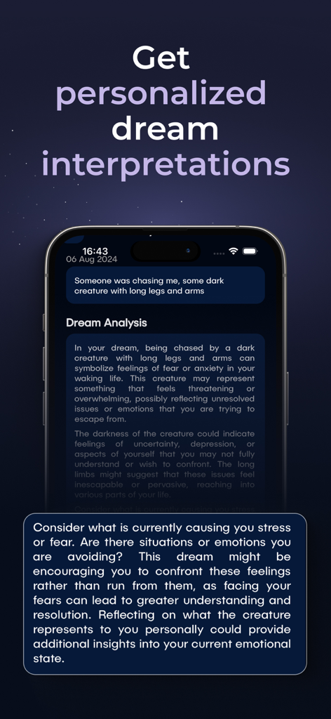 A smartphone displaying a personalized AI dream analysis of being chased on the Dreamy app.
