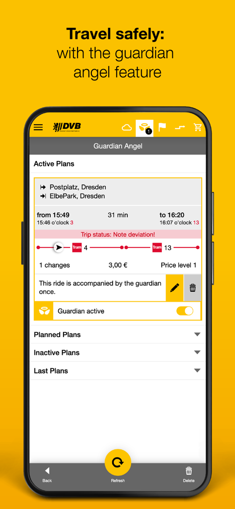 DVB mobil - Screenshot of the DVB mobil app displaying the Guardian Angel safety feature for a public transit route in Dresden.