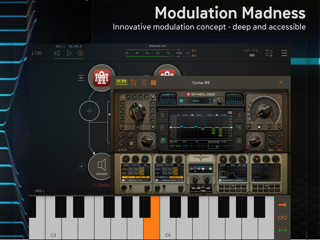 Cyclop for iPad monophonic synthesizer interface showing modulation controls and a musical keyboard