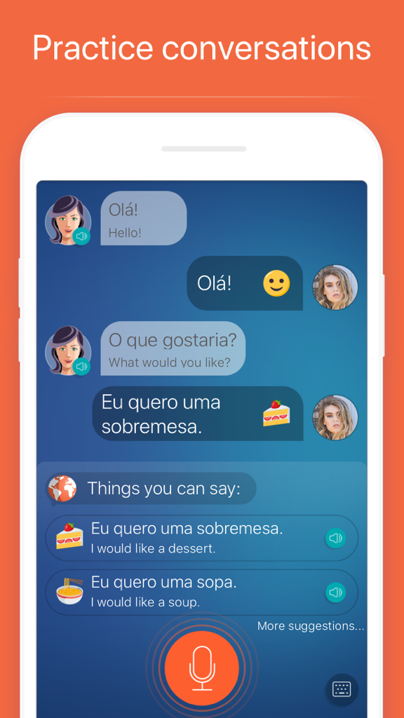 Learn Portuguese – Mondly - Pantalla interactiva de práctica de conversación en portugués brasileño en la aplicación Mondly con burbujas de chat y reconocimiento de voz.