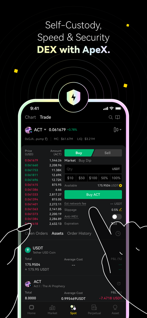 ApeX Protocol mobile app interface for decentralized crypto trading showing spot market orders and self custody features