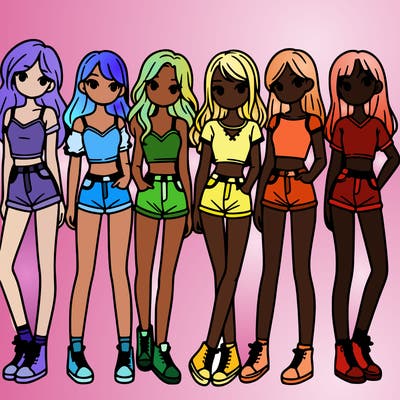 a group of girls wearing crop tops and shorts