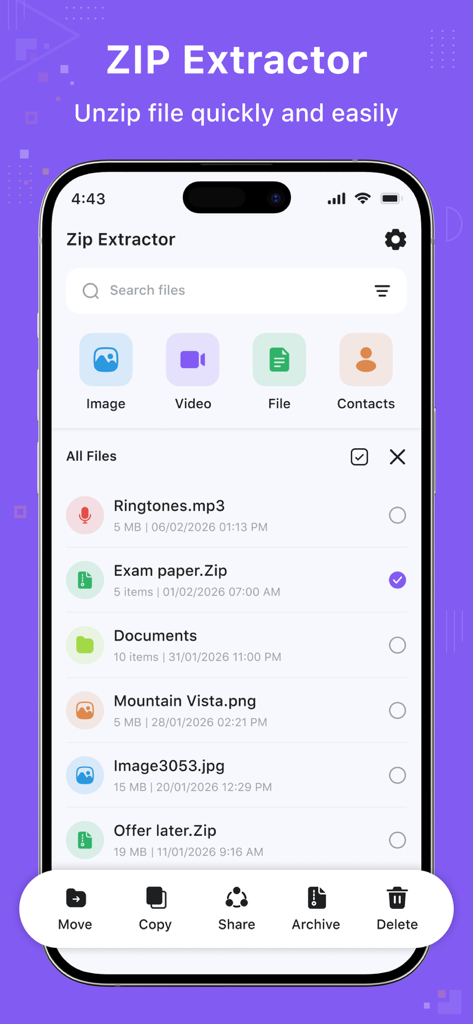 Zip Extractor : UnZIP & UnRAR - A mobile interface for the Zip Extractor app showing a file list with options to unzip, move, copy, and share files on an iPhone.