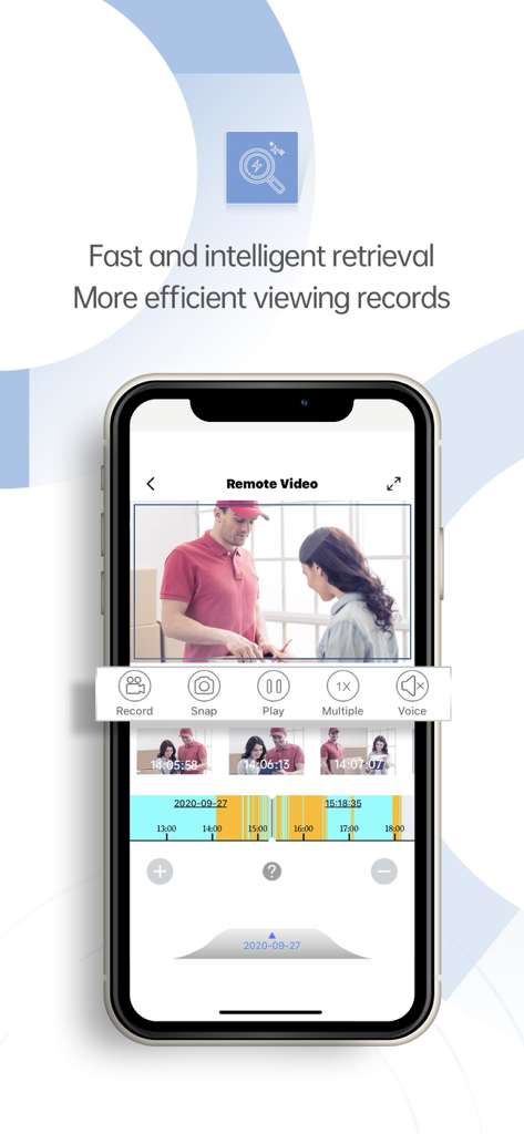 XMEye Pro app interface showing remote video playback of security camera footage with timeline controls