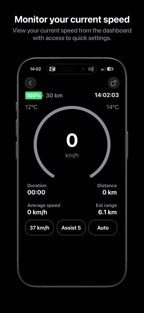 MoofMate - MoofMate app live dashboard displaying real-time speed and battery status for VanMoof e-bikes