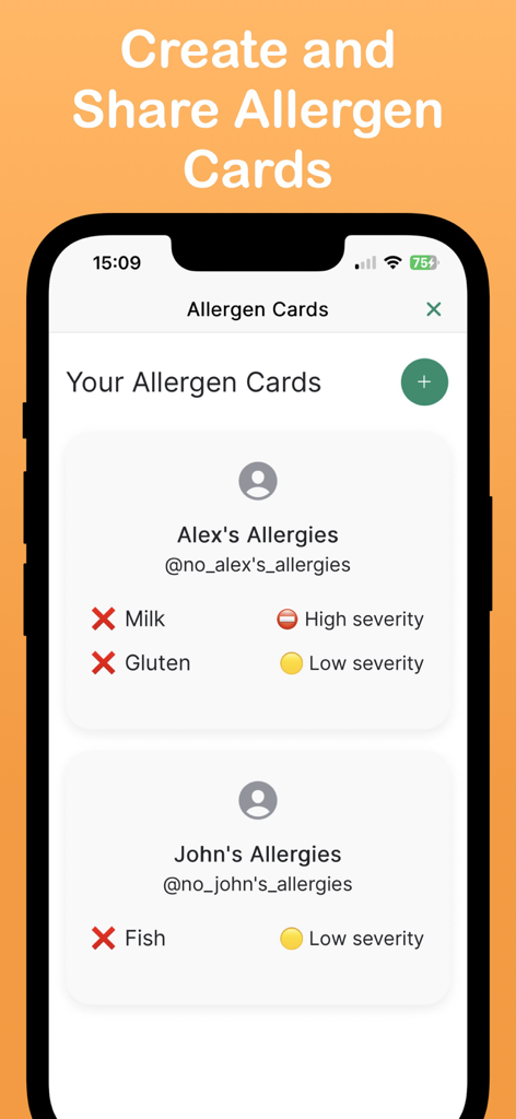 Food Allergy Scanner - Bokha - Bokha app interface displaying personalized allergen cards for family members with severity indicators