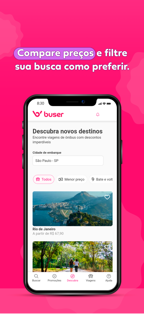 Buser mobile app interface showing search options to discover new destinations and compare bus ticket prices.
