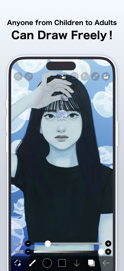 ibis Paint X - ibis Paint X mobile app interface showing a detailed digital illustration of a girl with black hair and a jellyfish background