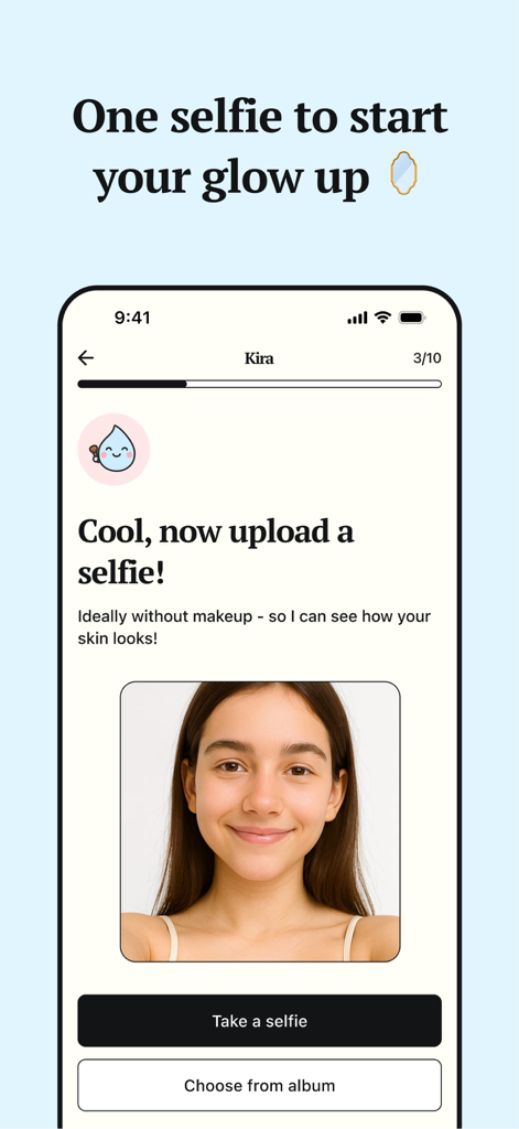 Kina: AI Glow-Up Friend - Pantalla de la app Kina mostrando una indicación de carga de selfie para análisis de belleza IA personalizado.