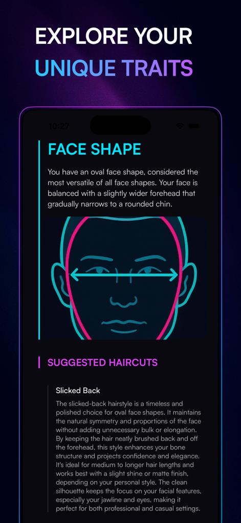 Model Face AI screen analyzing an oval face shape and providing hairstyle suggestions like slicked back