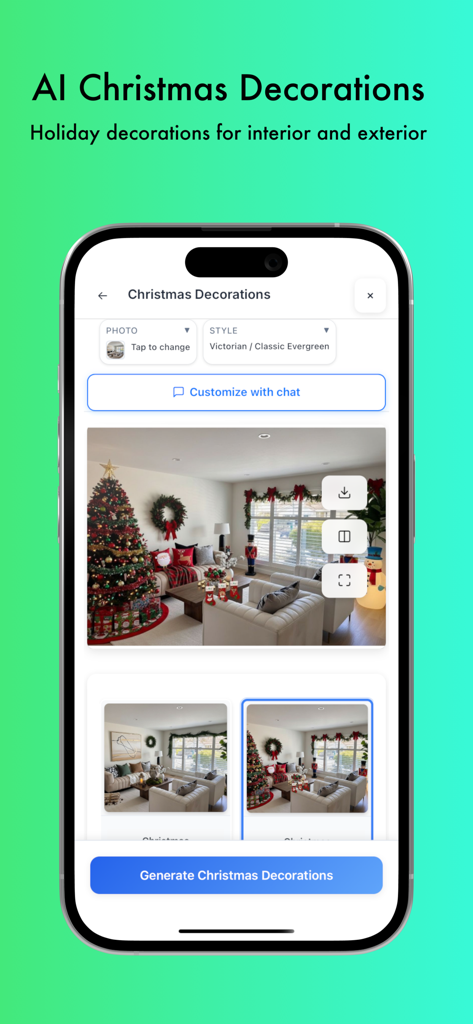 Interface de l'application Decor8 AI montrant un salon décoré avec des décorations de Noël générées par IA, y compris un arbre et des couronnes.