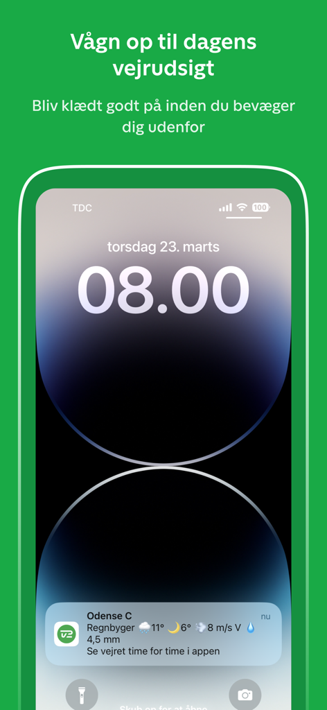TV 2 Vejr - A weather forecast notification from the TV 2 Vejr app displayed on an iPhone lock screen